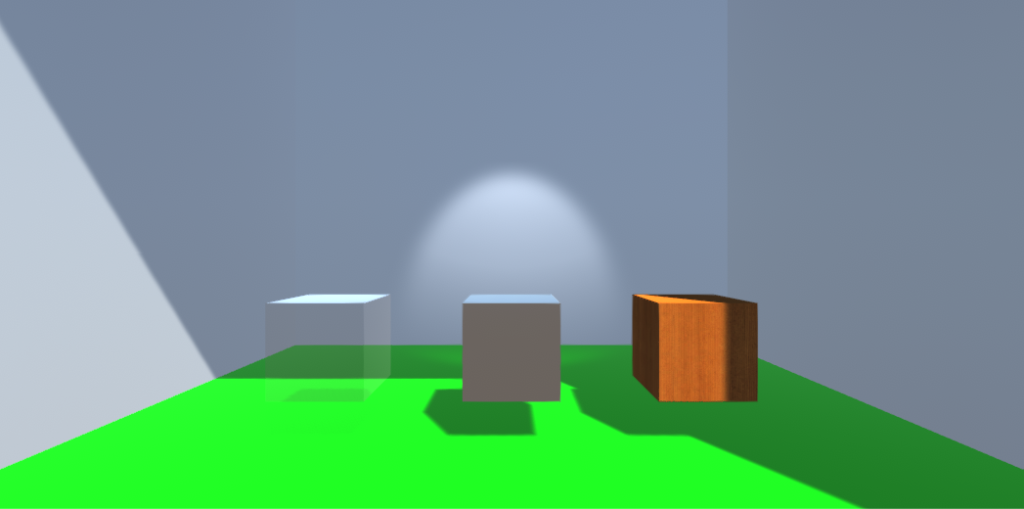 A 3D rendered scene including three cubes: a glass, mirror, and wooden cube, centered in a room with white walls and green floors.