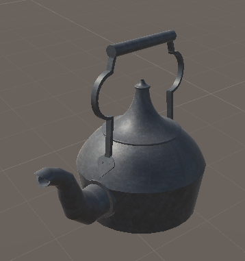 3D model of a black hanging kettle with a curved spout and handle. The lid curves upward to a point. 